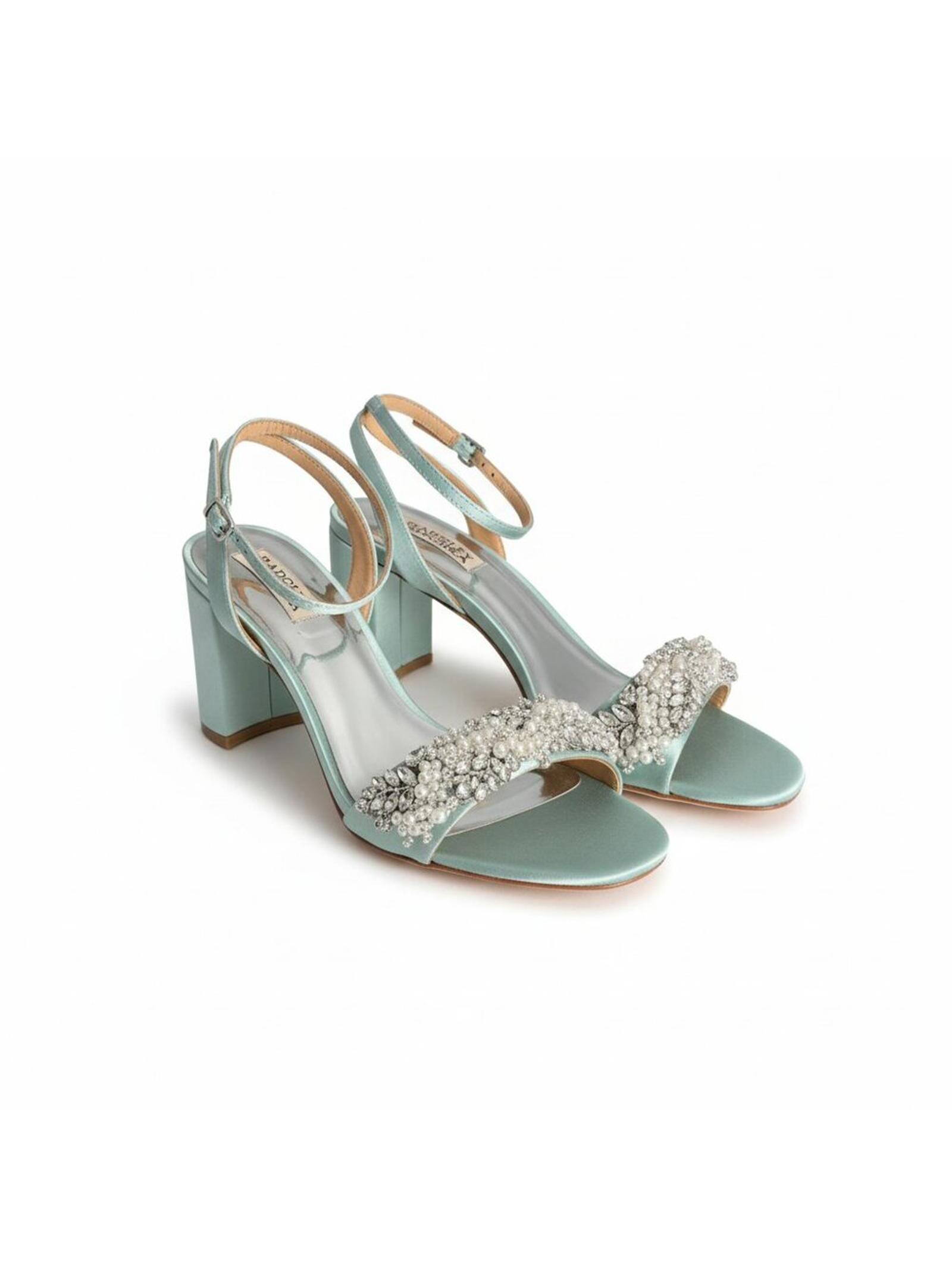 New Badgley Mischka Clara Teal Pearl Block Heel Sandals 8.5